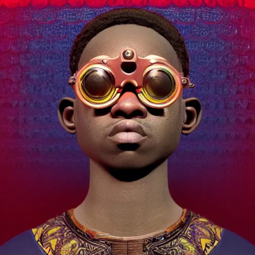 Image similar to colourful vfx upper half - portrait - art of a nigerian boy wearing steam punk goggles, art by utagawa kunisada & james jean, symmetrical, intricate detail, concept art, volumetric light, ray tracing, digital illustration, octane 3 d render, unreal engine, sharp, 8 k post process, pinterest, behance, art station,