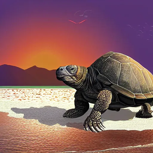 Image similar to giant tortoise coming out of the sea between the mountains, sunset, it carries a small house on its shell, digital art