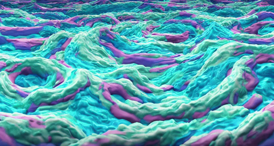 Image similar to storybook imagery. landscape photography of a turbulent donut ocean that is made up of a sea of giant donuts. claymation. diorama. digital art. colorful. render. 4 k. 8 k. trending. wallpaper.