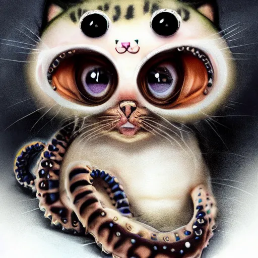 Prompt: kitten octopus chimera, feline squid tentacle fur fangs, portrait photography, single subject, faded background, adorable kawaii big eye cute cuddly, photorealism in the style of National Geographic