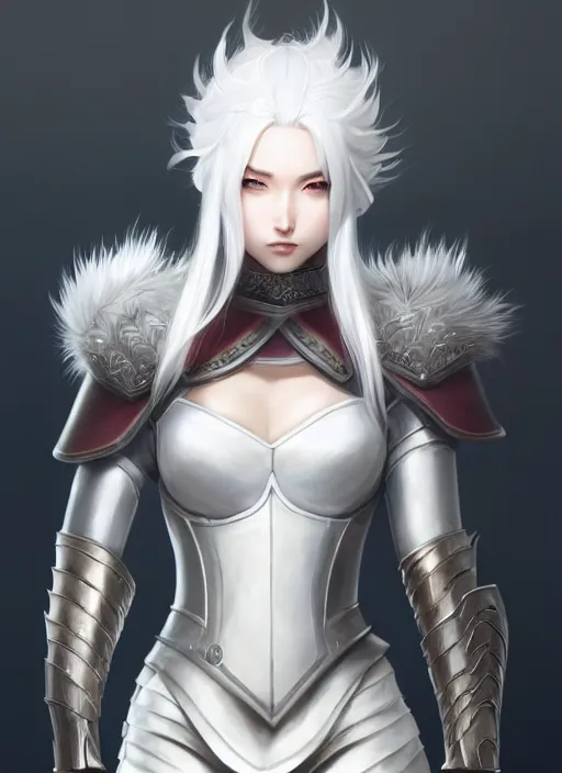 Image similar to fur - lined armor!!! beautiful and elegant white haired female!! gorgeous ayes!! character concept art, sharp focus, octane render! unreal engine 5! highly rendered!! trending on artstation!! detailed linework!! illustration by artgerm, wlop and chie yoshii
