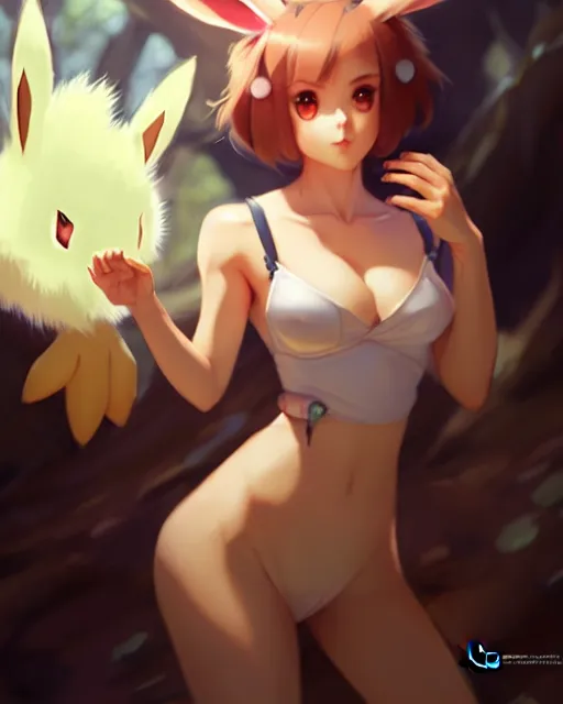 Image similar to photo of eevee pokecmon humanisation, by greg rutkowski, rossdraws, gil elvgren, enoch bolles, glossy skin, pearlescent, anime, very coherent