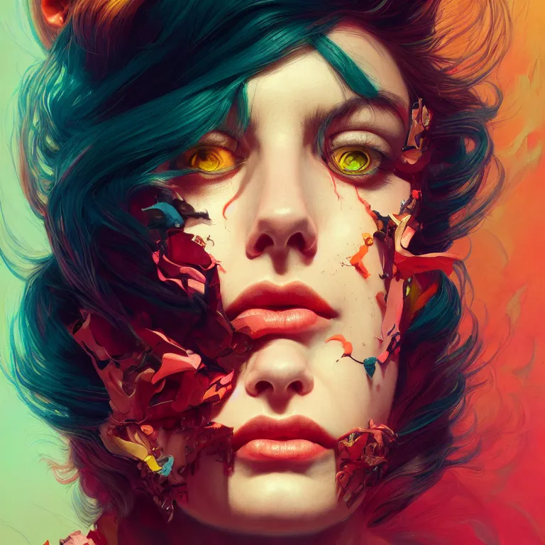 Prompt: the fear reflected in the face of a woman / complementary color scheme, hypermaximalist, sharp focus, highly detailed, dramatic light, lumen unreal 5, intrincate, trending on artstation / art by roberto ferris, beksinsky, sachin teng, brad rigney, francis bacon and gustave dore