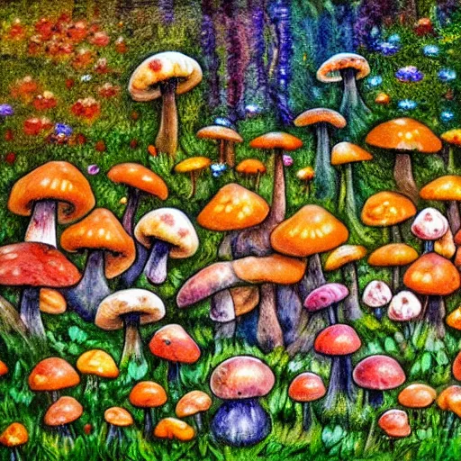 Prompt: many gnomes working in a natural floral forest, building mushrooms, fairytale, impressionism