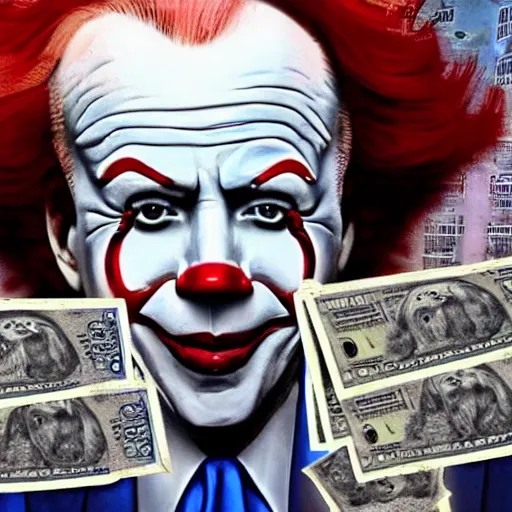 Image similar to joe biden as pennywise printing dollars, photo portrait, hyper realism, symmetry, awesome exposition, cnn news broadcast screen capture, very detailed, highly accurate, professional lighting diffracted lightrays, 8 k, sense of awe
