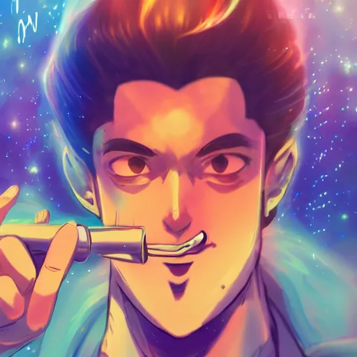 Image similar to A man drinking a cup of cosmic energy bright light, illustration, anime style, Artgerm, 4k, digital art, surreal, anime style, space dandy style, highly detailed, godsend, artstation, digital painting, concept art, smooth, sharp focus,