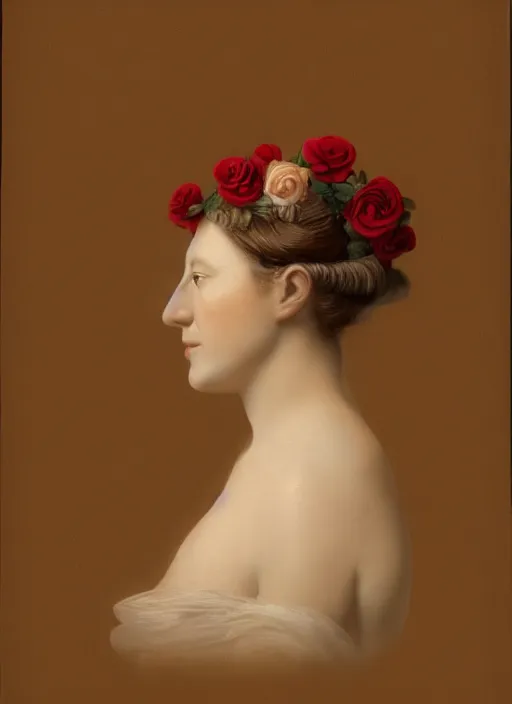 Prompt: a womans face in profile made of roses ivory in the style of the dutch masters and gregory crewdson dark and moody