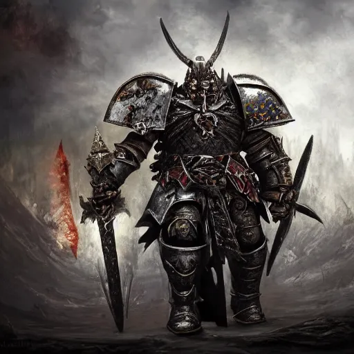 Prompt: a chaos warrior in heavy armor from warhammer, artstation hall of fame gallery, editors choice, # 1 digital painting of all time, most beautiful image ever created, emotionally evocative, greatest art ever made, lifetime achievement magnum opus masterpiece, the most amazing breathtaking image with the deepest message ever painted, a thing of beauty beyond imagination or words