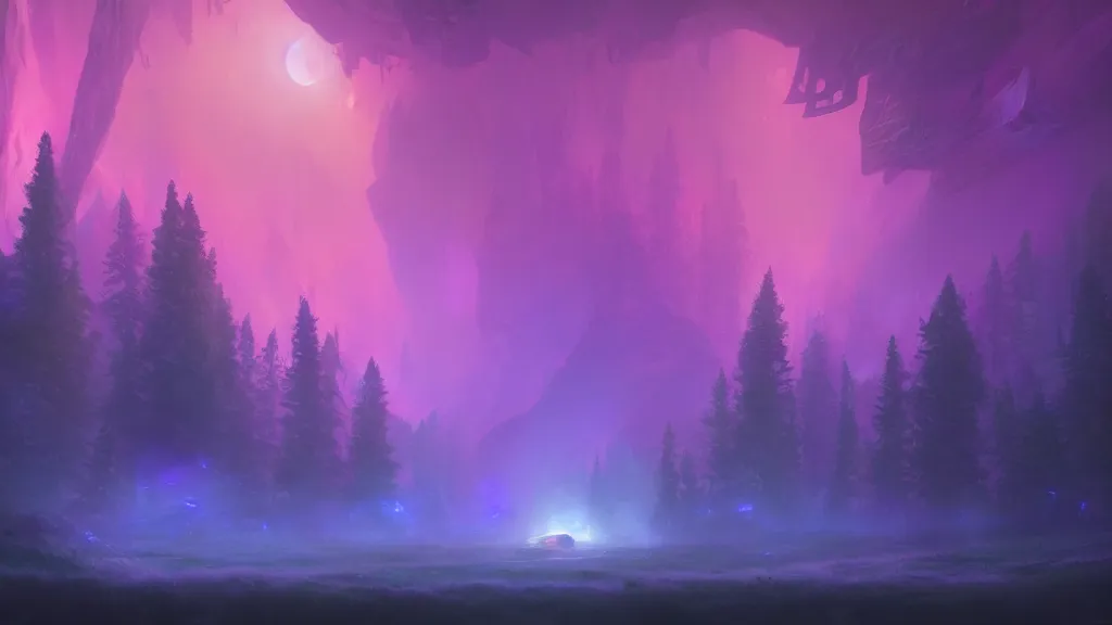 Prompt: matte painting glowing spaceship in clearing in dreamy fantasy Forest at night. Forest is lit by purple and blue ombre glow. Ufo. Digital painting. Beeple. Noah Bradley. Cyril Roland trending on artstation.