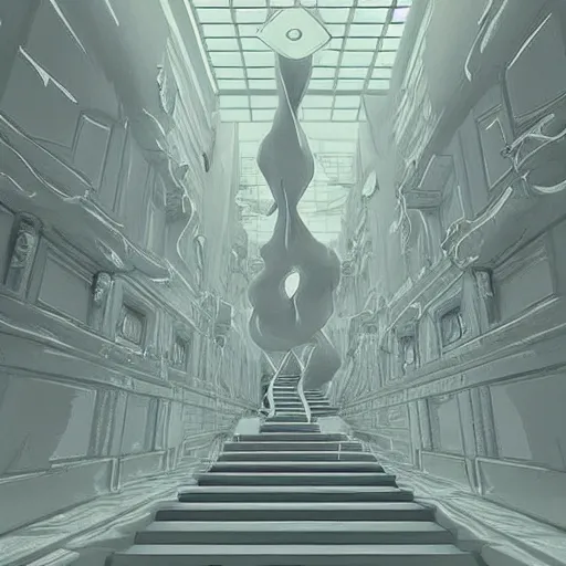 Image similar to a flood of slime in a bright white hallway with many doors and many stairs, Mc Escher architecture, epic composition, by Makoto Shinkai