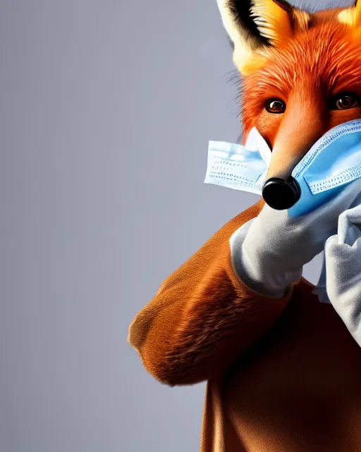 Image similar to photorealistic photo of anthropomorphic female fox animal dressed in labcoat, surgical mask covering mouth, putting on surgical gloves, fox animal, hospital in background, oil painting, 8 5 mm f / 1. 4