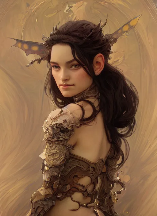 Image similar to portrait of beautiful cute goblin girl, fantasy, D&D, intricate, elegant, highly detailed, digital painting, artstation, concept art, smooth, sharp focus, illustration, art by artgerm and greg rutkowski and alphonse mucha and Gustav Klimt