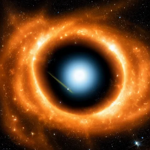 Prompt: an image of a stellar black hole in a galactic setting full of stars in deep space taken by an ultra powerful telescope photorealistic universe