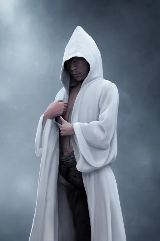 Prompt: Death wearing a hooded white robe, Nuttavut Baiphowongse, Mark Armstron, horror, amad, artstation rendered by octane, 8k, ultra 8k, hyper realistic, photorealistic, photo, cinematic lighting, ambient lighting from top