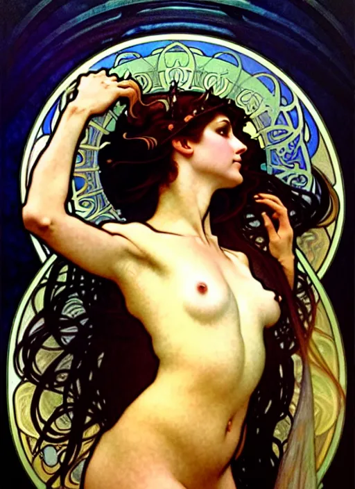 Prompt: awe-inspiring award-winning concept art nouveau painting of attractive figure called the goddess of the moonbow, by Alphonse Mucha, Michael Whelan, William Adolphe Bouguereau, John Williams Waterhouse, and Donato Giancola, fierce, extremely moody lighting, glowing light and shadow, atmospheric, shadowy, cinematic, diffuse lighting, fantasy, intricate, elegant, highly detailed, lifelike, photorealistic, digital painting, artstation, illustration, concept art, smooth, sharp focus, art by John Collier and Albert Aublet and Leonardo da vinci and Krenz Cushart and Artem Demura and Alphonse Mucha