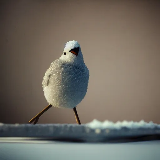 Prompt: a snow white frosty sparrow standing on the desk, miyazaki style, studio ghibli, color aberration, soft focus, beautiful photo, 4 k, kodak, grain, ultra realistic, museum photo