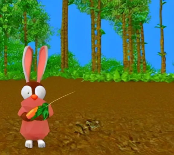 Image similar to a bunny holding a carrot in a forest, screenshot of a 1994 PS1 game, polygonal 3D