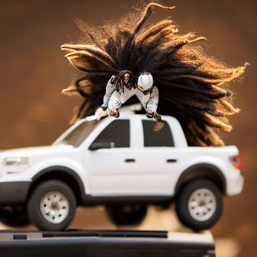 Image similar to black man action figure with dreads standing on top of a black rc pickup truck, close up photograph, white background