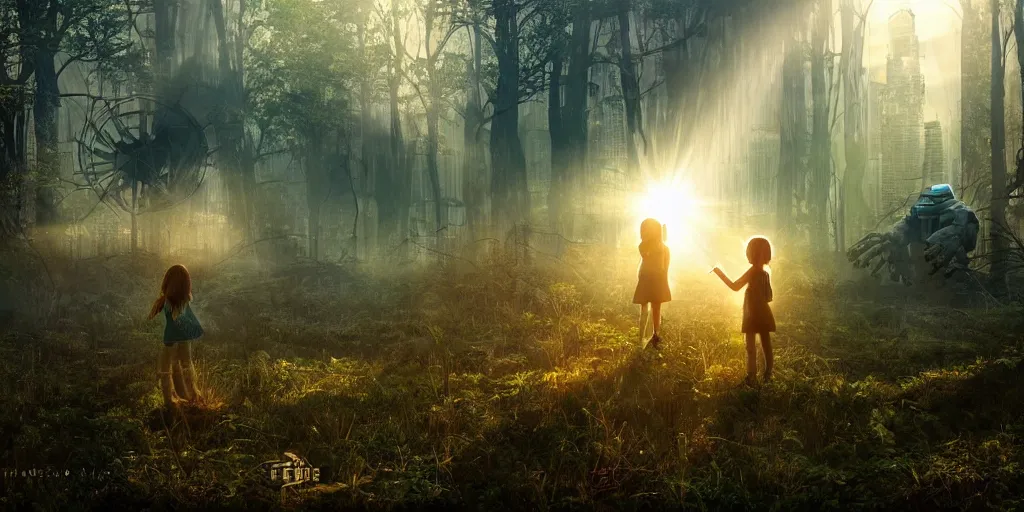 Image similar to sci - fi scene future new york, little girl holding a hand of a big robot, forest punk, crepuscular rays, epic scene, hyper realistic, photo realistic, overgrowth, cinematic atmosphere, ethereal lighting,