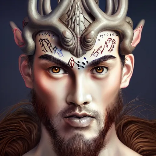 Image similar to Dramatic portraiture of Uuen, the Pictish god of stags, mixed media, trending on ArtStation, by Jim Valentino and ArtGerm and Lucian Freud, luminism