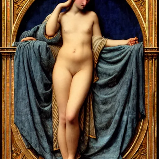 Image similar to the night crown, by John William Godward and Annie Swynnerton, embroidered robes, starry tattoos, elaborate costume, geometric ornament, symbolist, soft colors, dramatic lighting, smooth, sharp focus, extremely detailed