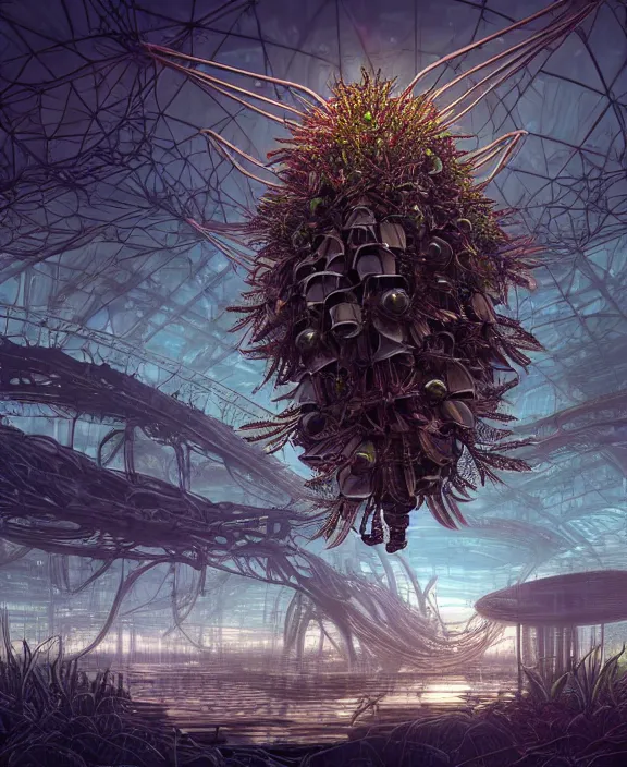 Prompt: a giant weird industrial plant made out of isopod dragonflies, in the style of a strange asymmetrical spaceship, overgrown with disturbing orchids, partly cloudy, somber, dramatic lighting, by dan mumford, yusuke murata, makoto shinkai, ross tran, cinematic, unreal engine, cel shaded, featured on artstation, pixiv