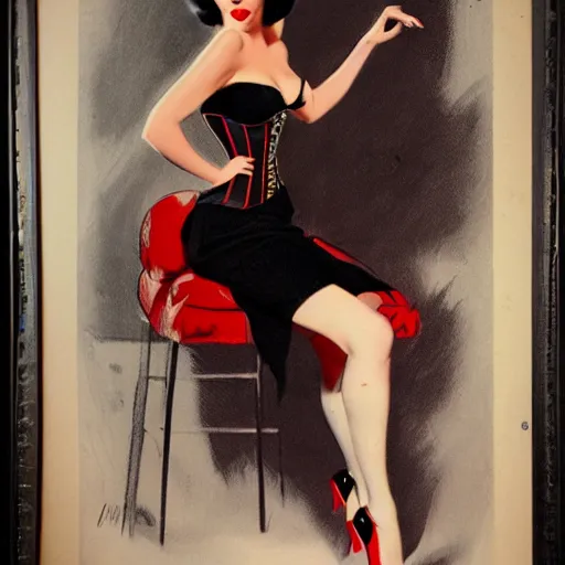 Prompt: a vintage pin - up drawing of a girl in a corset, black hair, red lips, high heels, volumetric lighting, betty page, by george petty, by art frahm, by gil elvgren