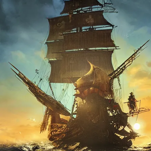 Image similar to a hyperrealistic illustration of Captain Jack Sparrow as Davy Jones, Davy Jones with Tentacles, Face hybrid of Davy Jones and Jack Sparrow, Pirates of the Caribbean Ship with fractal sunlight in the Background