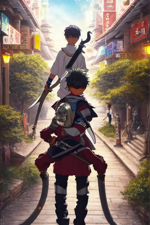 Image similar to ultra detailed keyart of sci - fy movie, a boy carrying a sword in his back is riding a simple bycycle in the main street of isekai shinjuku
