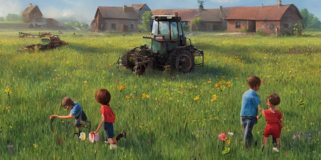 Image similar to two kids pick flowers in a field in front of abandoned farmhouse with robotic harvesters, landscape, by pixar, high detail, 3D, octane, realistic, cinematic, photoreal, by stalenhag