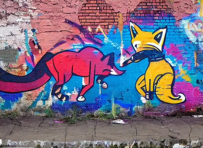 Image similar to fox graffiti, dirty wall, alley, impressive, colorful, photograph