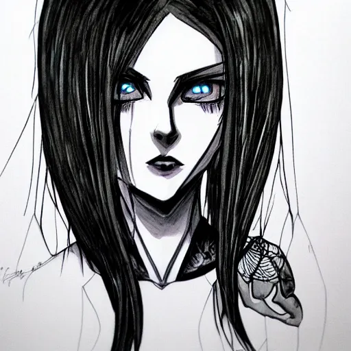 Image similar to headshot art of a goth anime woman, evil, bust portrait, black and white watercolor