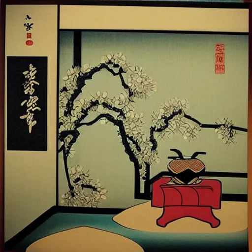 Image similar to “ tatami room, ikebana, traditional japanese scroll art with summer theme ”