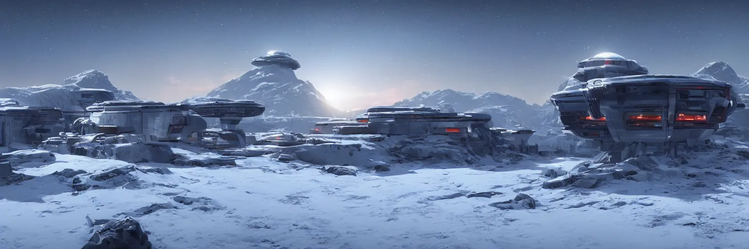 Image similar to “Concept art of a small modern research outpost consisting of a single building on the side of a snowy mountain at sunset on an alien world, 2077 , 8k, star citizen, art station”