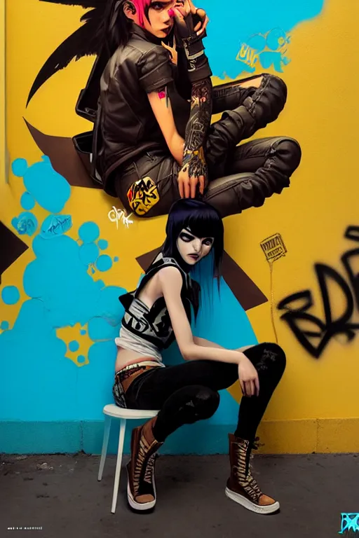 Prompt: punk girl sitting on extreme 3 d graffiti tag mural maximalism by atey ghailan, by greg rutkowski, by greg tocchini, by james gilliard, by joe fenton, yellow, brown, black and cyan color scheme, octane render