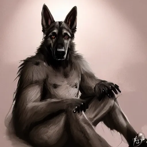 Image similar to a humanoid german shepherd beast - man, sitting on a couch and puts on socks, artstation, concept art, smooth, sharp foccus ilustration, artstation