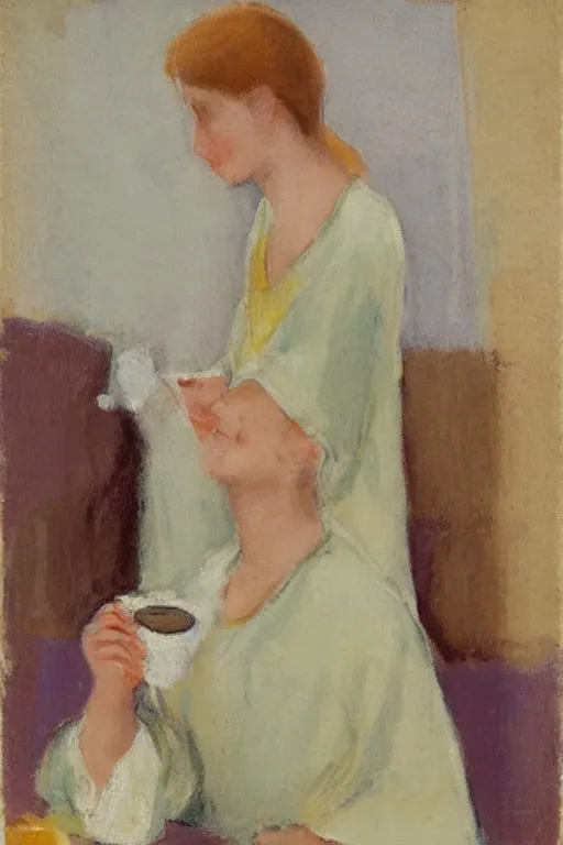 Image similar to portrait of a young woman with blonde hair, wearing a kaftan, drinking milk, by charles hawthorne