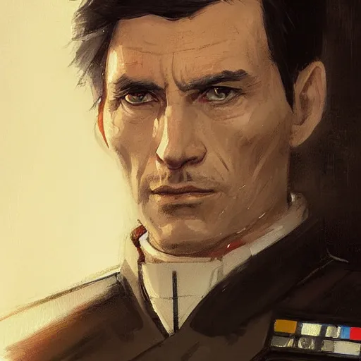 Image similar to portrait of a man by greg rutkowski, great admiral thrawn, short black hair in military style, tall, star wars expanded, universe, he is about 5 0 years old, wearing white colored imperial admiral uniform, artstation hq