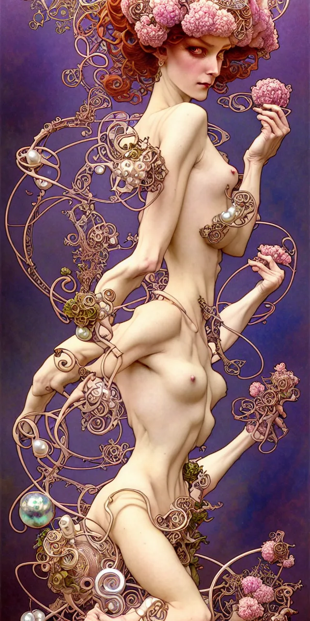 Prompt: beautiful princess art nouveau fantasy character portrait, ultra realistic, intricate details, the fifth element artifacts, highly detailed by peter mohrbacher, hajime sorayama, wayne barlowe, boris vallejo, aaron horkey, gaston bussiere, craig mullins alphonse mucha, art nouveau curves and spirals, flowers, pearls, jewels scattered