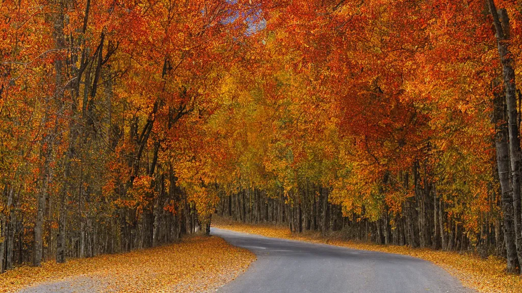 Image similar to a photograph of a country road lined on both sides by maple and poplar trees, in the autumn, red orange and yellow leaves, some leaves have fallen and are under the trees and on the road