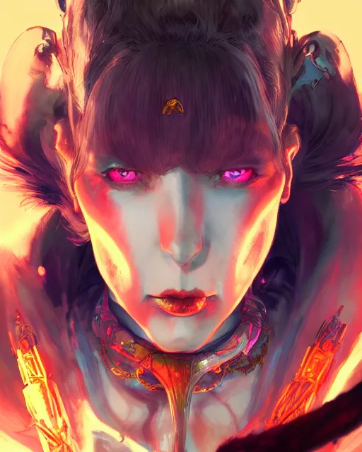 Image similar to satan daughter, beautiful, fantasy, colorful, cinematic lighting, artstation, trending, highly detailed, focus, smooth, by hirohiko araki and yoshitaka amano