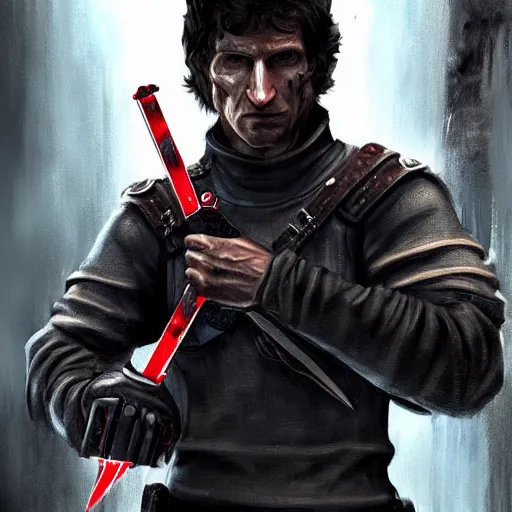 Image similar to todd howard with a switchblade in a alleyway, forcing you to buy skyrim, threatening, sharp, cinematic, colorful, digital art, neon, bright, realism, bold