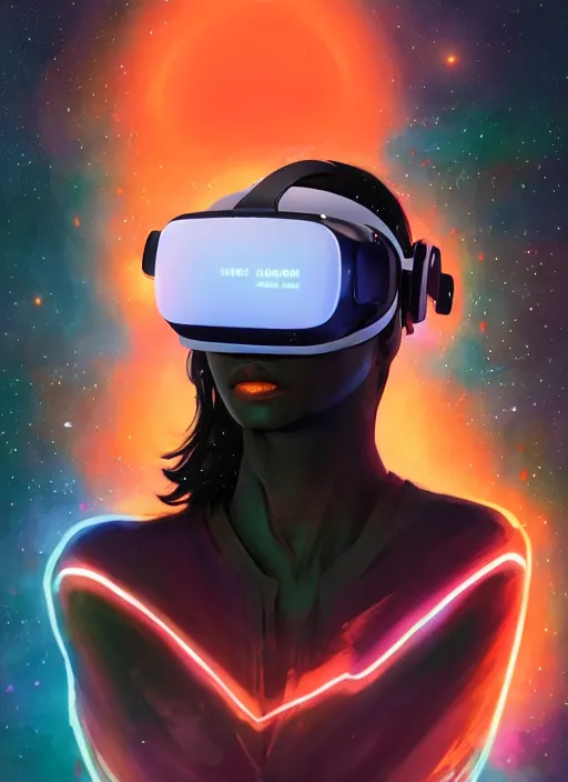 Image similar to black floating in space wearing a vr headset, urban attire, three dimensional holographic displays and laser keyboard, cinematic and dramatic, highly detailed, electric orange glowing lights, digital painting, artstation, concept art, smooth, sharp focus, illustration, art by wlop, uang guangjian and gil elvgren and sachin teng and greg rutkowski