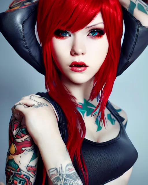 Image similar to a girl with short red hair, cool, vi from arcane, league of legends, fighter, cool red jacket, tattoo, beautiful, 3 d, potrait, art staion, studio light, closeup shot, octane render, wlop