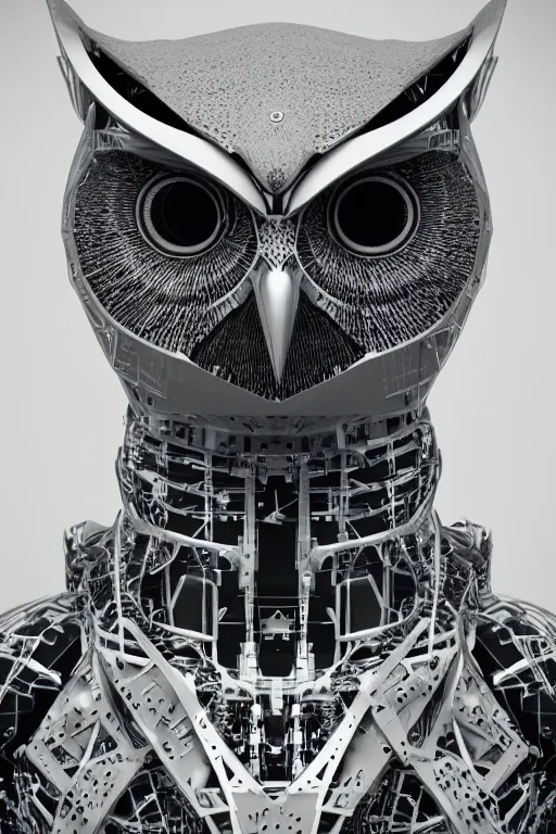 Image similar to cybernetic owl. portrait. complex shape. octane render. 8 k. monochrome. cinematic.