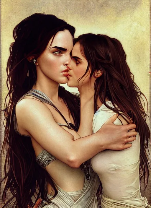 Image similar to megan fox kissing emma watson. beautiful detailed face. by artgerm and greg rutkowski and alphonse mucha