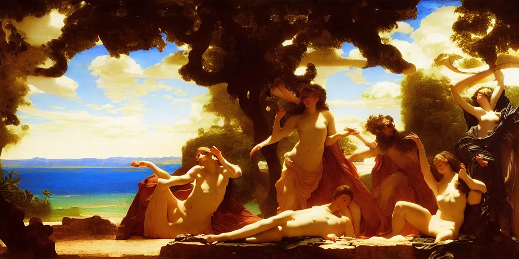 Image similar to an oasis in the middle of the desert, by Frederic Leighton and Daniel Maclise and Rolf Armstrong and Evelyn De Morgan and Bastien Lecouffe-Deharme, dutch golden age, dramatic lighting, high contrast colors, baroque, empyrean, panoramic view, cgsociety, highly detailed, doom engine,