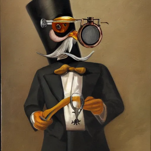 Image similar to a humanoid chicken butler with a fancy mustache and a monocle, highly detail, oil painting , accurate anatomy,