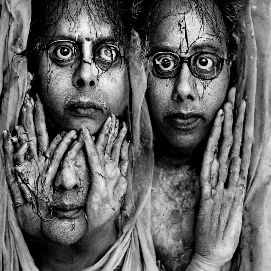 Image similar to award winning photo of a todd solondz as guru becoming god in india, sad and happy, crying and smiling franticly, vivid colors, happy, symmetrical face, beautiful eyes, studio lighting, wide shot art by sally mann & arnold newman