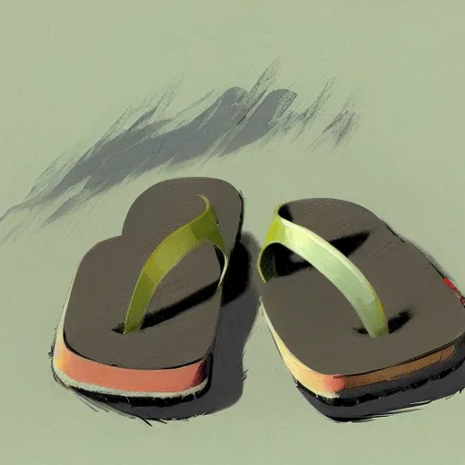 Prompt: a concept art of a well used flip flops for walking in the mountain, by Craig mullins, Steve Purcell, Ralph McQuarrie